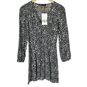 NWT Zara Black & White Animal Print Long Sleeve‎ Mini Dress XS Party Cocktail